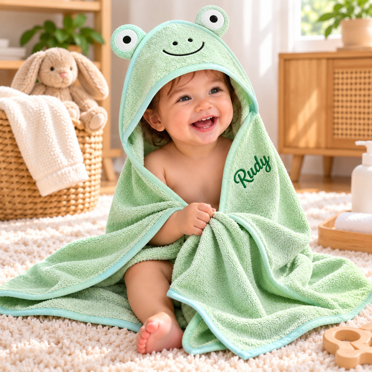 Little Teekie Personalised Hooded Baby Towel | 100% Organic Cotton with Embroidered Name – Sage Green