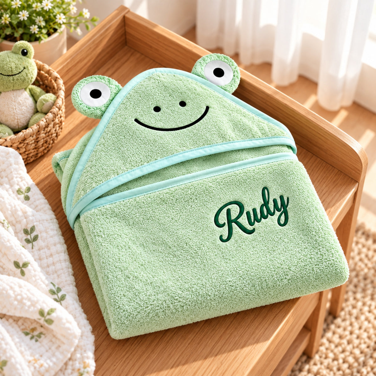 Little Teekie Personalised Hooded Baby Towel | 100% Organic Cotton with Embroidered Name – Sage Green
