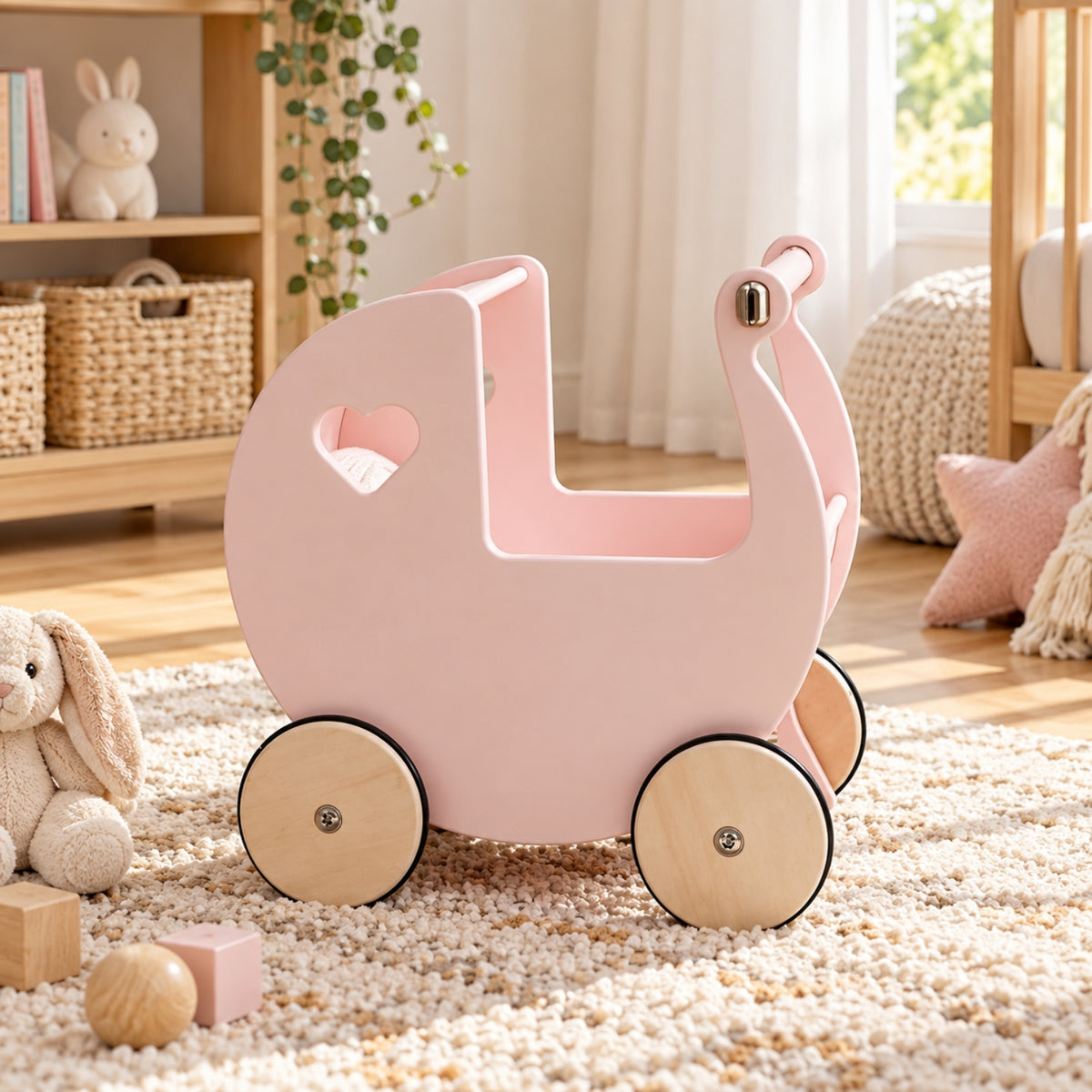 Little Teekie Wooden Doll Pram Walker | 2-in-1 Birch Push Walker and Dolls Pram – Rose