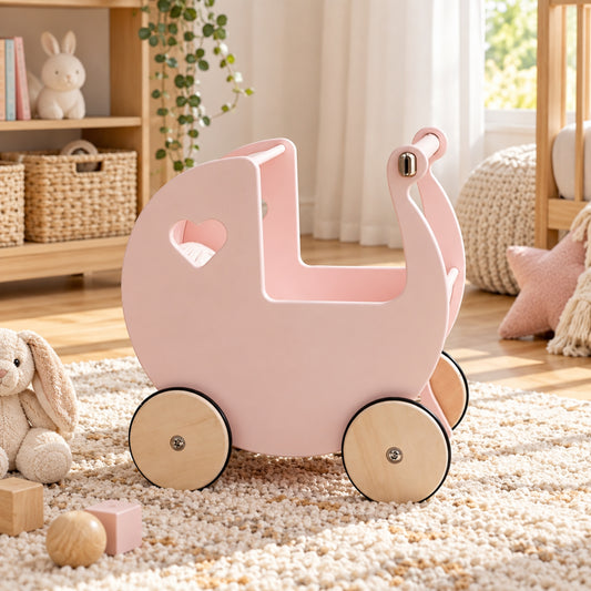 Little Teekie Wooden Doll Pram Walker | 2-in-1 Birch Push Walker and Dolls Pram – Rose