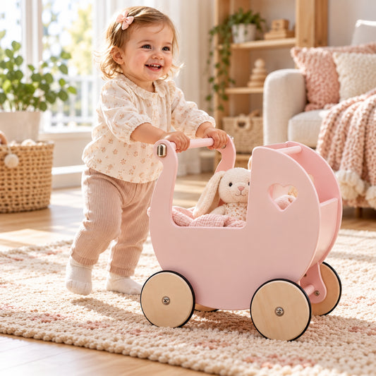 Little Teekie Wooden Doll Pram Walker | 2-in-1 Birch Push Walker and Dolls Pram – Rose