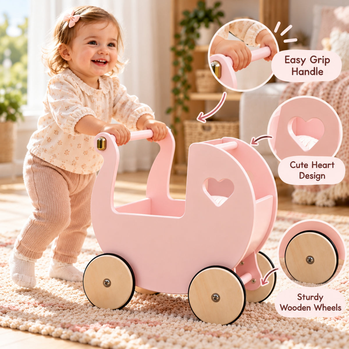 Little Teekie Wooden Doll Pram Walker | 2-in-1 Birch Push Walker and Dolls Pram – Rose