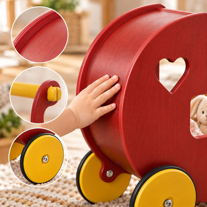 Little Teekie Wooden Doll Pram Walker | 2-in-1 Birch Push Walker and Dolls Pram – Rust Red