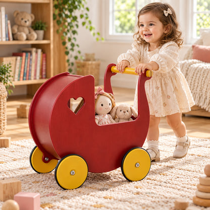 Little Teekie Wooden Doll Pram Walker | 2-in-1 Birch Push Walker and Dolls Pram – Rust Red