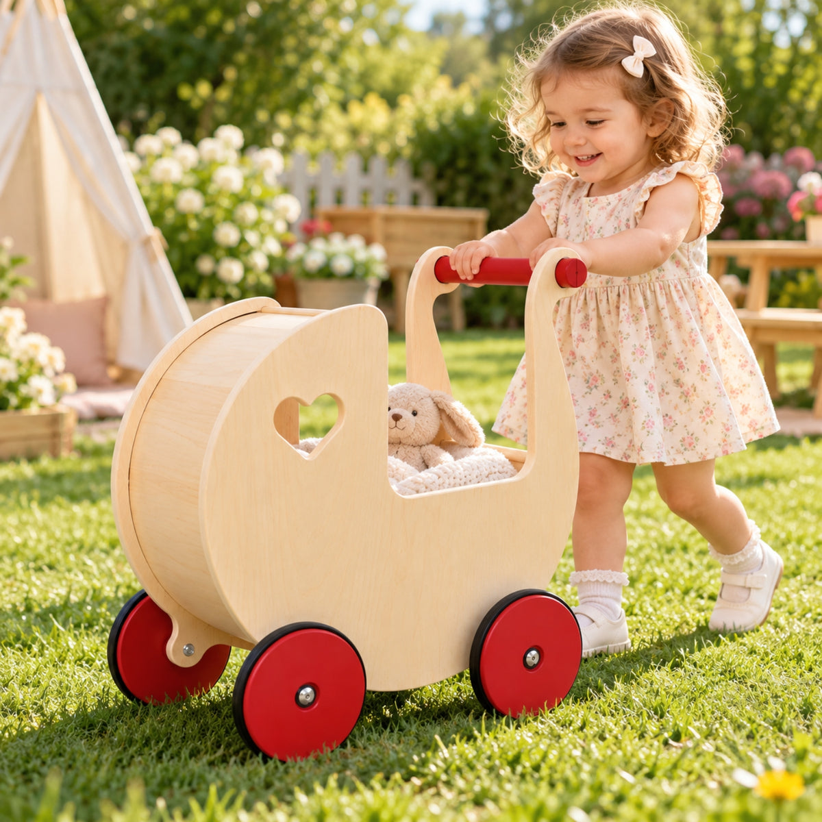 Little Teekie Wooden Doll Pram Walker | 2-in-1 Birch Push Walker and Dolls Pram – Wood