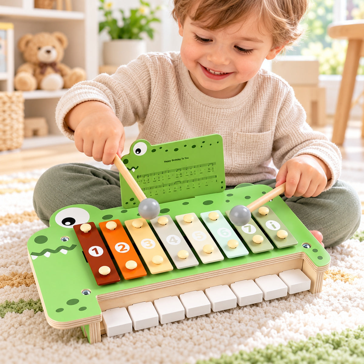 Little Teekie Personalised Crocodile Xylophone | Wooden Musical Toy with Engraved Name – Green