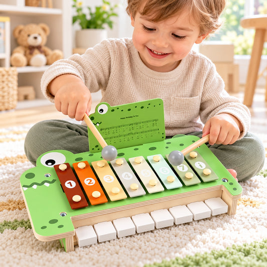 Little Teekie Personalised Crocodile Xylophone | Wooden Musical Toy with Engraved Name – Green