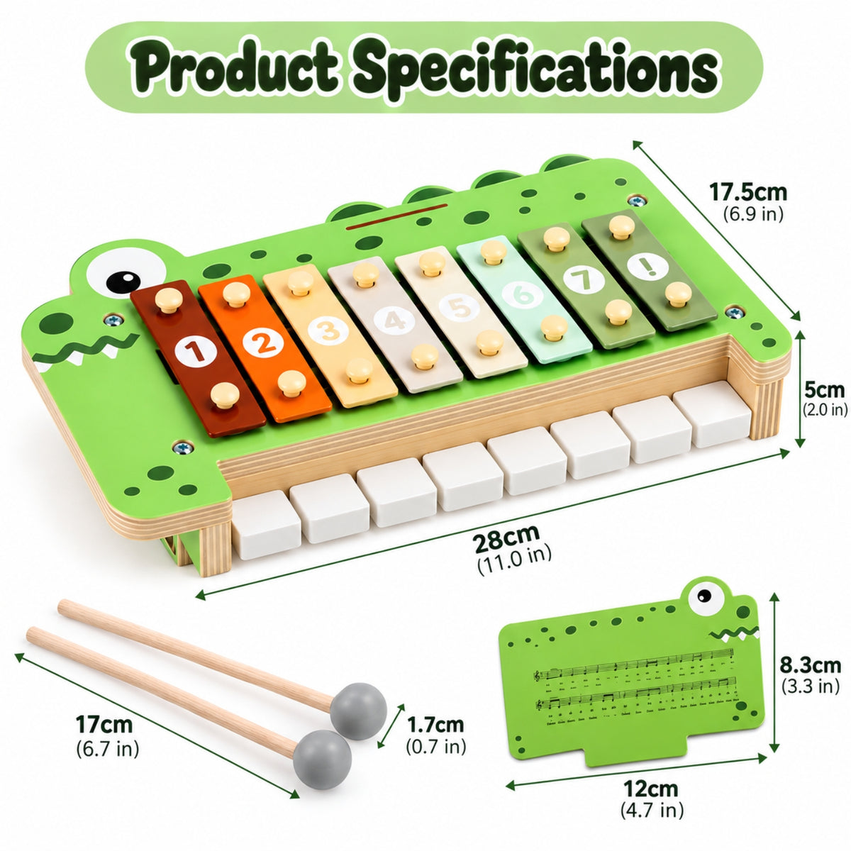 Little Teekie Personalised Crocodile Xylophone | Wooden Musical Toy with Engraved Name – Green