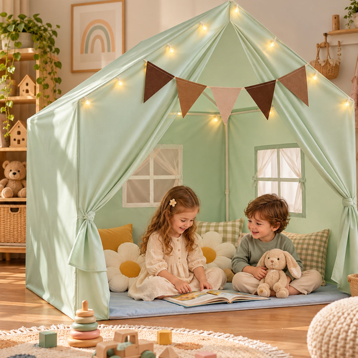 Little Teekie Large Kids Play Tent with Star Lights | Indoor Playhouse Tent - Green