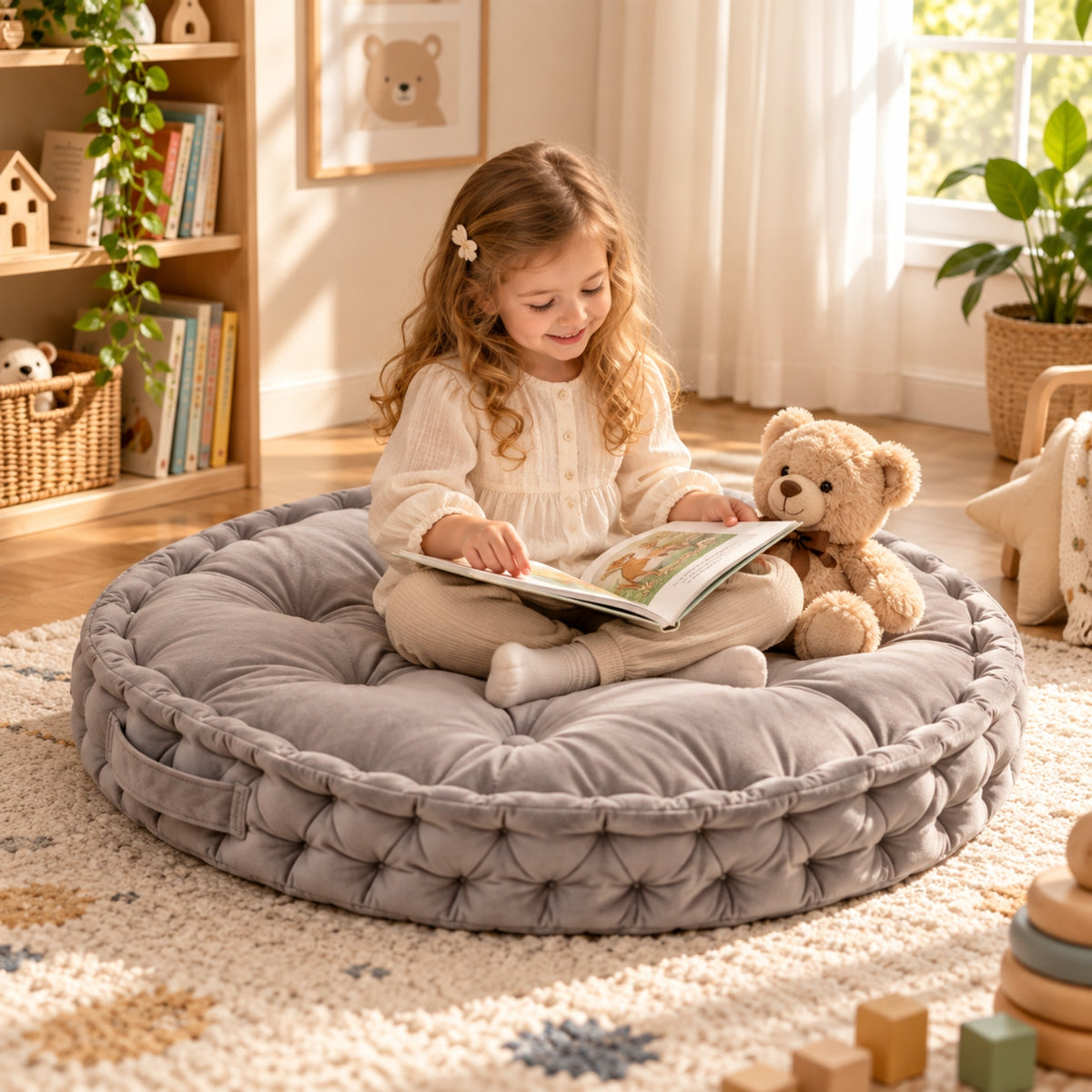 Little Teekie Kids Floor Cushion 60cm | Plush Fabric Reading Nook Cushion – Grey