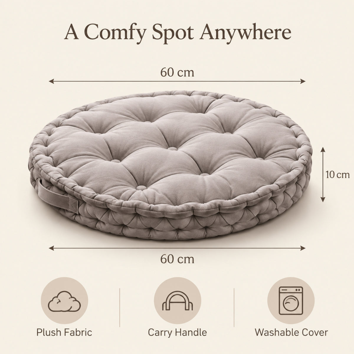Little Teekie Kids Floor Cushion 60cm | Plush Fabric Reading Nook Cushion – Grey