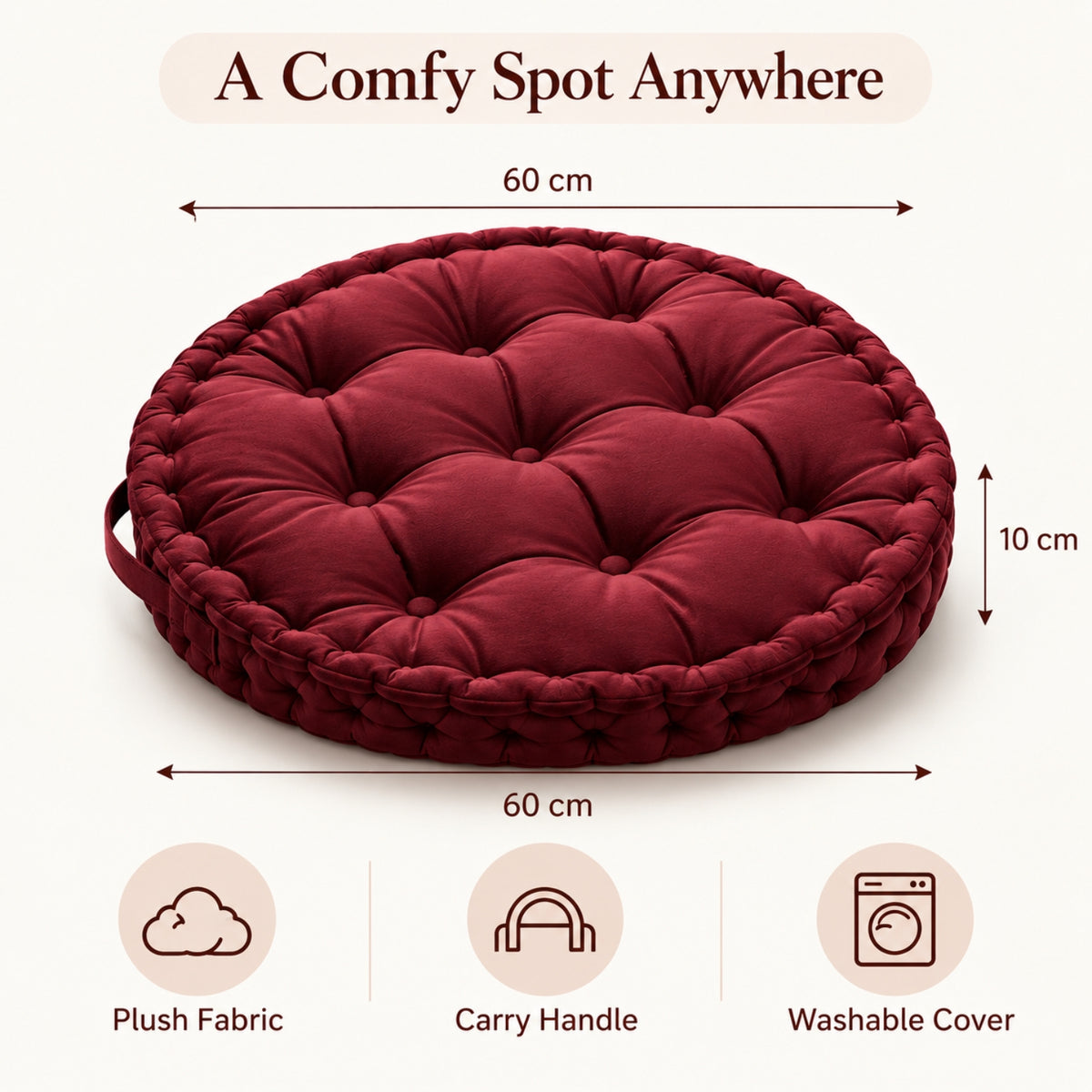 Little Teekie Kids Floor Cushion 60cm | Plush Fabric Reading Nook Cushion – Dark Red