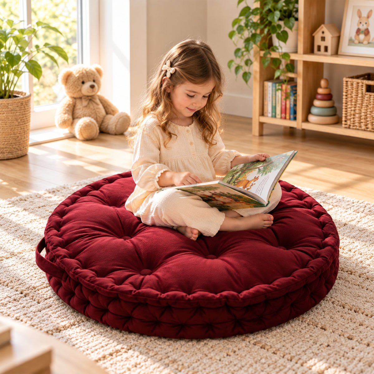 Little Teekie Kids Floor Cushion 60cm | Plush Fabric Reading Nook Cushion – Dark Red