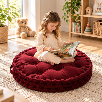Little Teekie Kids Floor Cushion 60cm | Plush Fabric Reading Nook Cushion – Dark Red