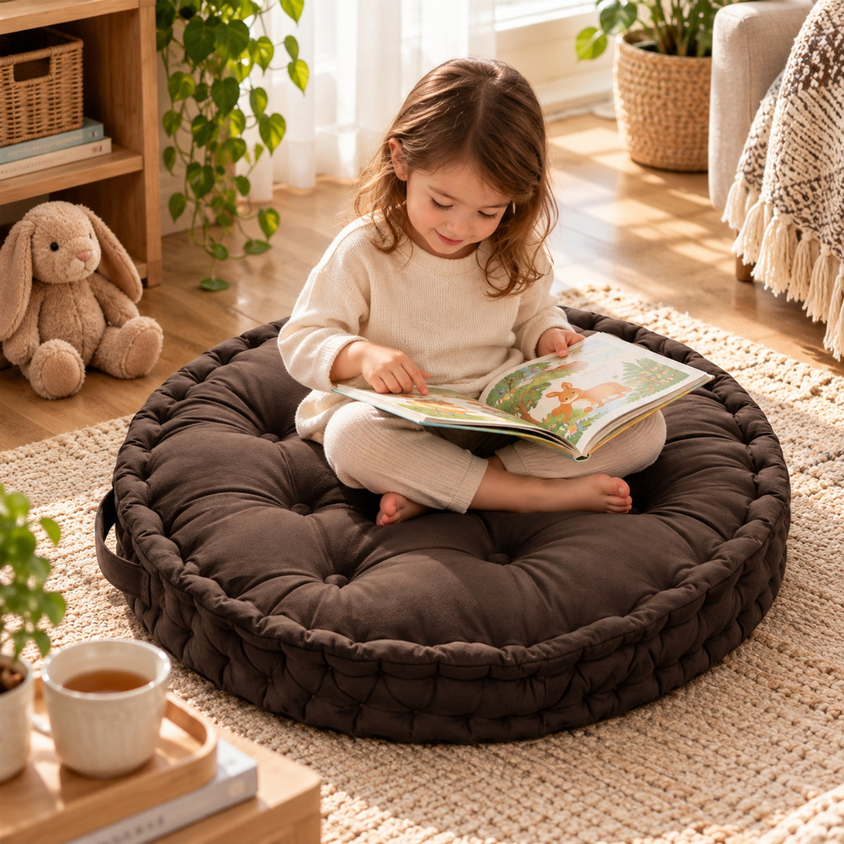 Little Teekie Kids Floor Cushion 60cm | Plush Fabric Reading Nook Cushion – Brown