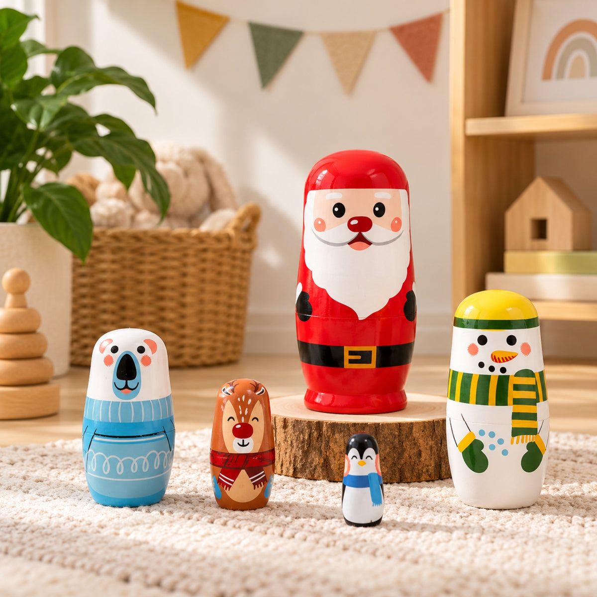 Little Teekie Personalised Christmas Nesting Dolls | Engraved Name, FSC Wood Set of 5 – Santa, Reindeer, Elf