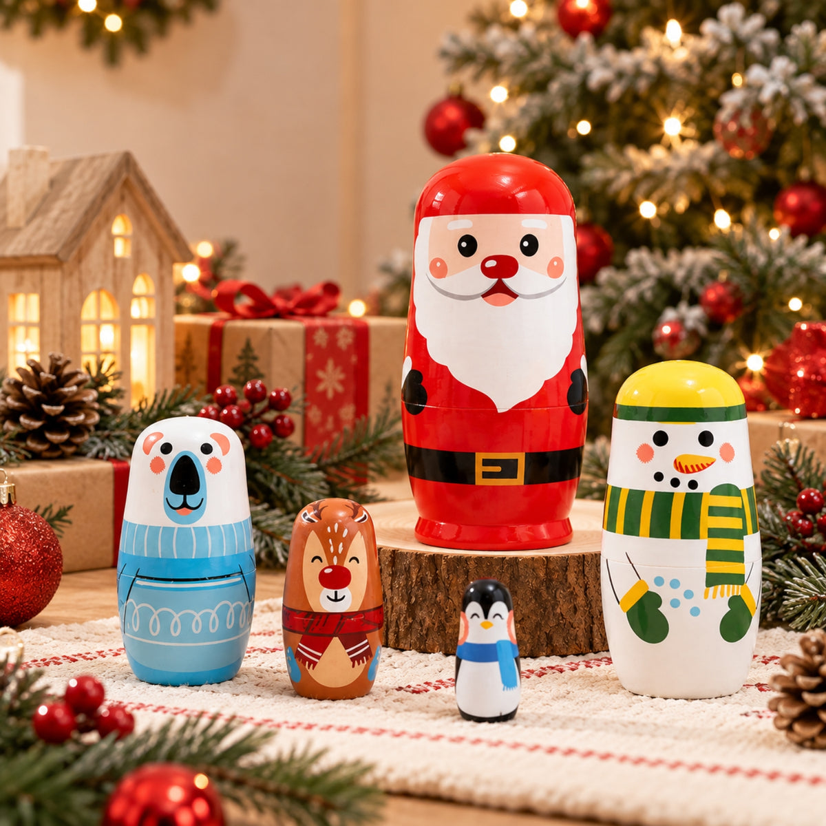 Little Teekie Personalised Christmas Nesting Dolls | Engraved Name, FSC Wood Set of 5 – Santa, Reindeer, Elf