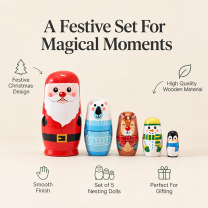 Little Teekie Personalised Christmas Nesting Dolls | Engraved Name, FSC Wood Set of 5 – Santa, Reindeer, Elf