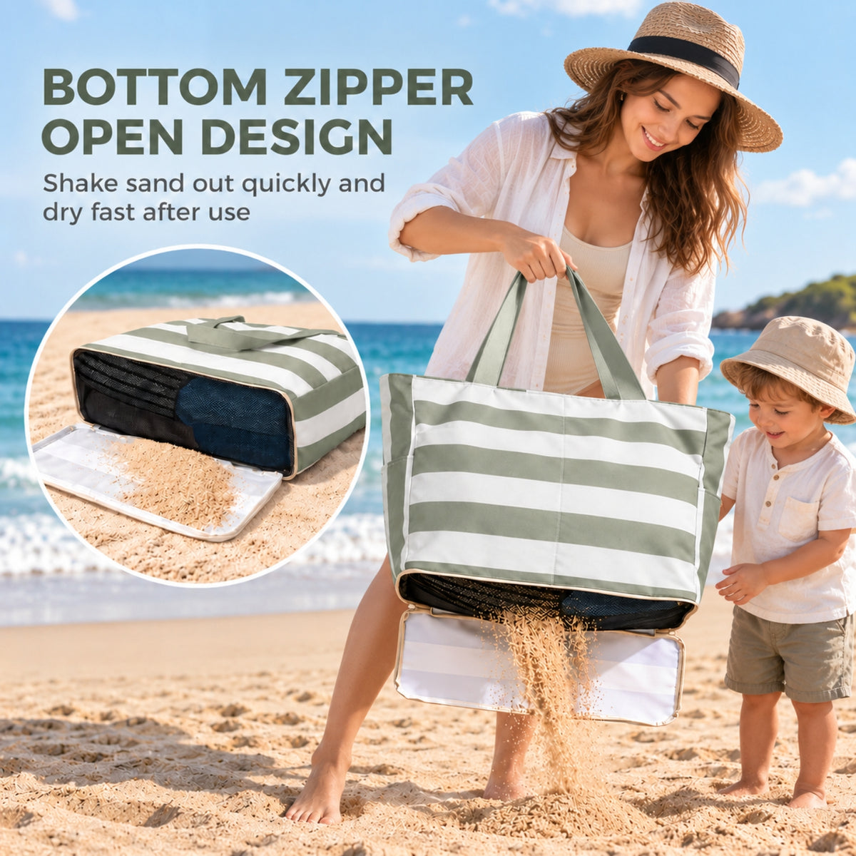 Little Teekie Beach Bag | Recycled Tote, Pairs with Picnic Rugs – Sage Green Stripe