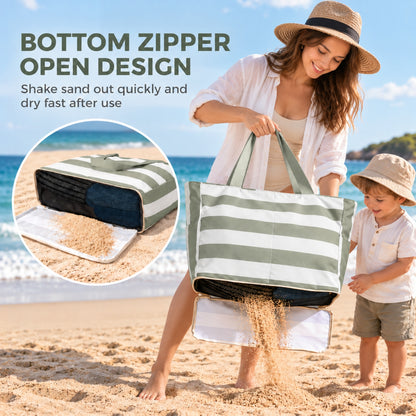 Little Teekie Beach Bag | Recycled Tote, Pairs with Picnic Rugs – Sage Green Stripe