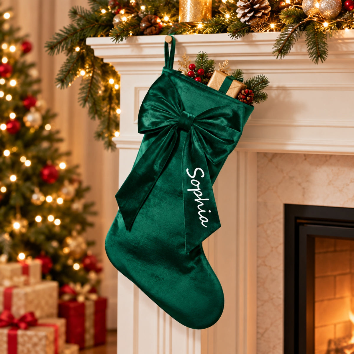 Little Teekie Personalised Velvet Christmas Stocking | Embroidered Name, Bow detail – Green