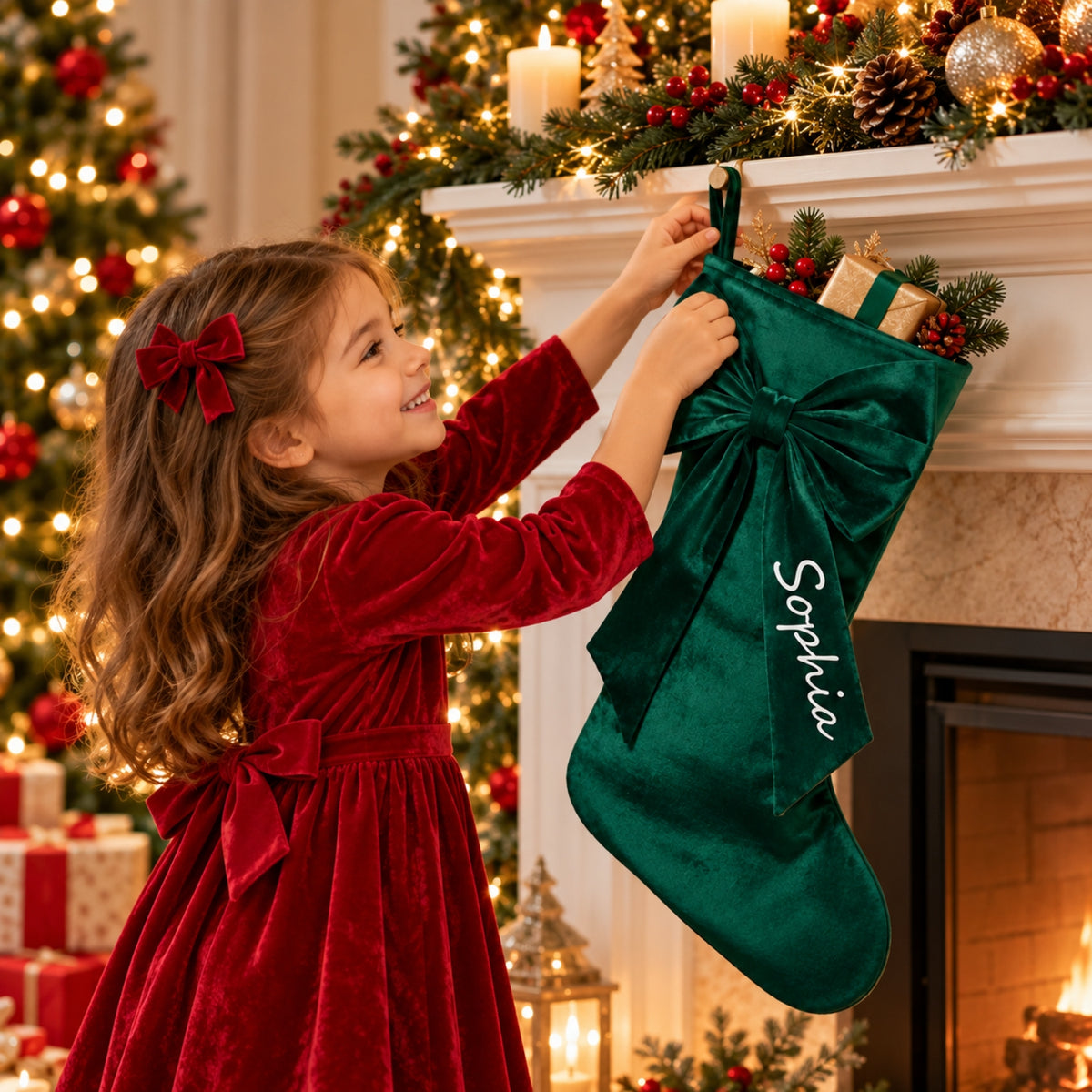 Little Teekie Personalised Velvet Christmas Stocking | Embroidered Name, Bow detail – Green