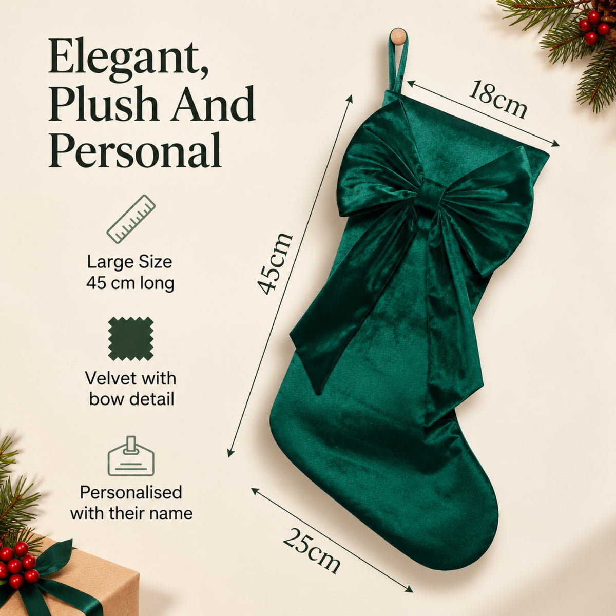 Little Teekie Personalised Velvet Christmas Stocking | Embroidered Name, Bow detail – Green