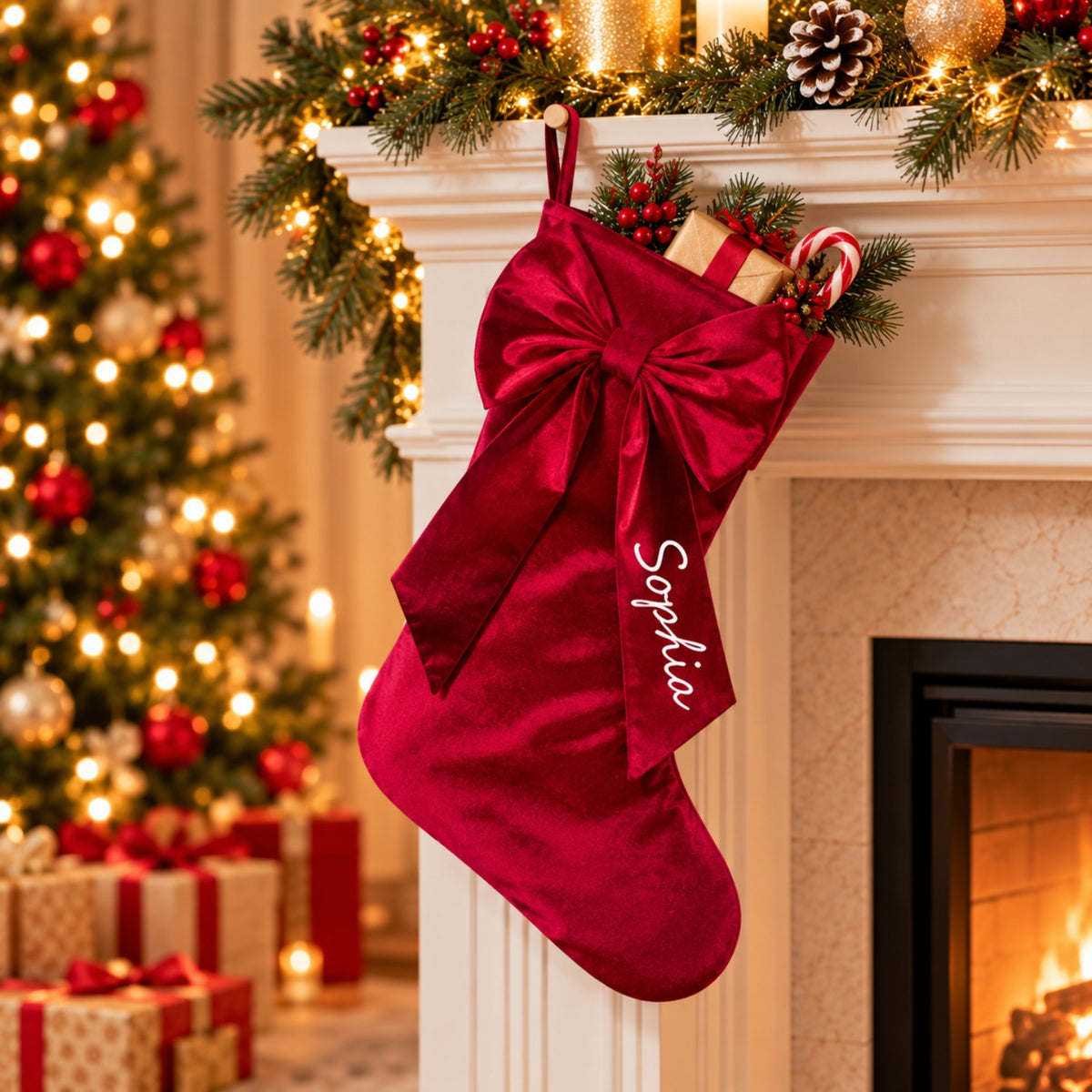 Little Teekie Personalised Velvet Christmas Stocking | Embroidered Name, Bow detail– Red