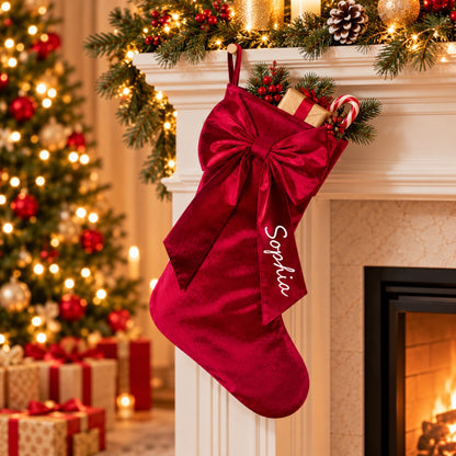 Little Teekie Personalised Velvet Christmas Stocking | Embroidered Name, Bow detail– Red