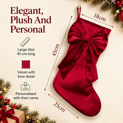 Little Teekie Personalised Velvet Christmas Stocking | Embroidered Name, Bow detail– Red