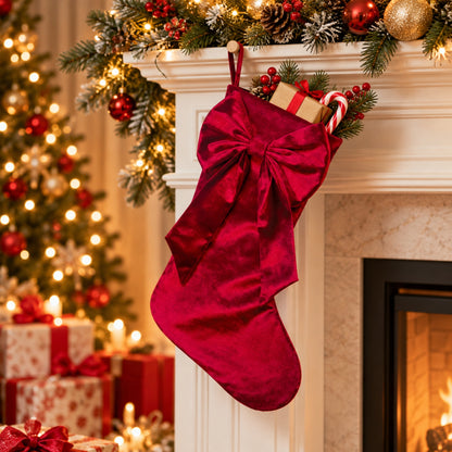 Little Teekie Personalised Velvet Christmas Stocking | Embroidered Name, Bow detail– Red
