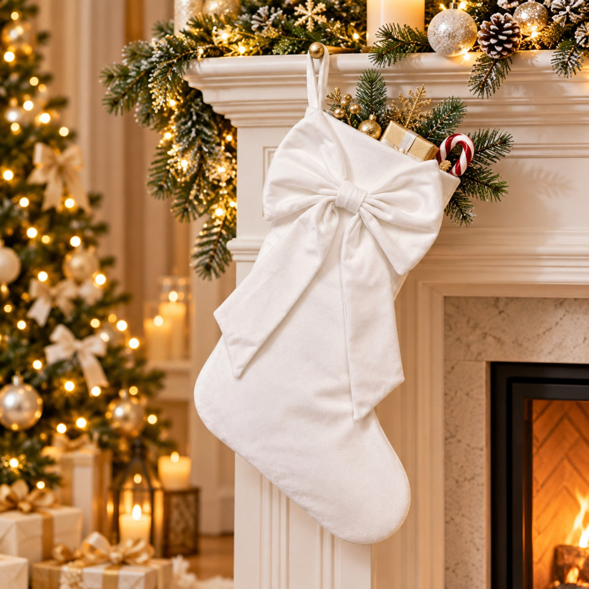 Little Teekie Personalised Velvet Christmas Stocking | Embroidered Name, Bow detail – White