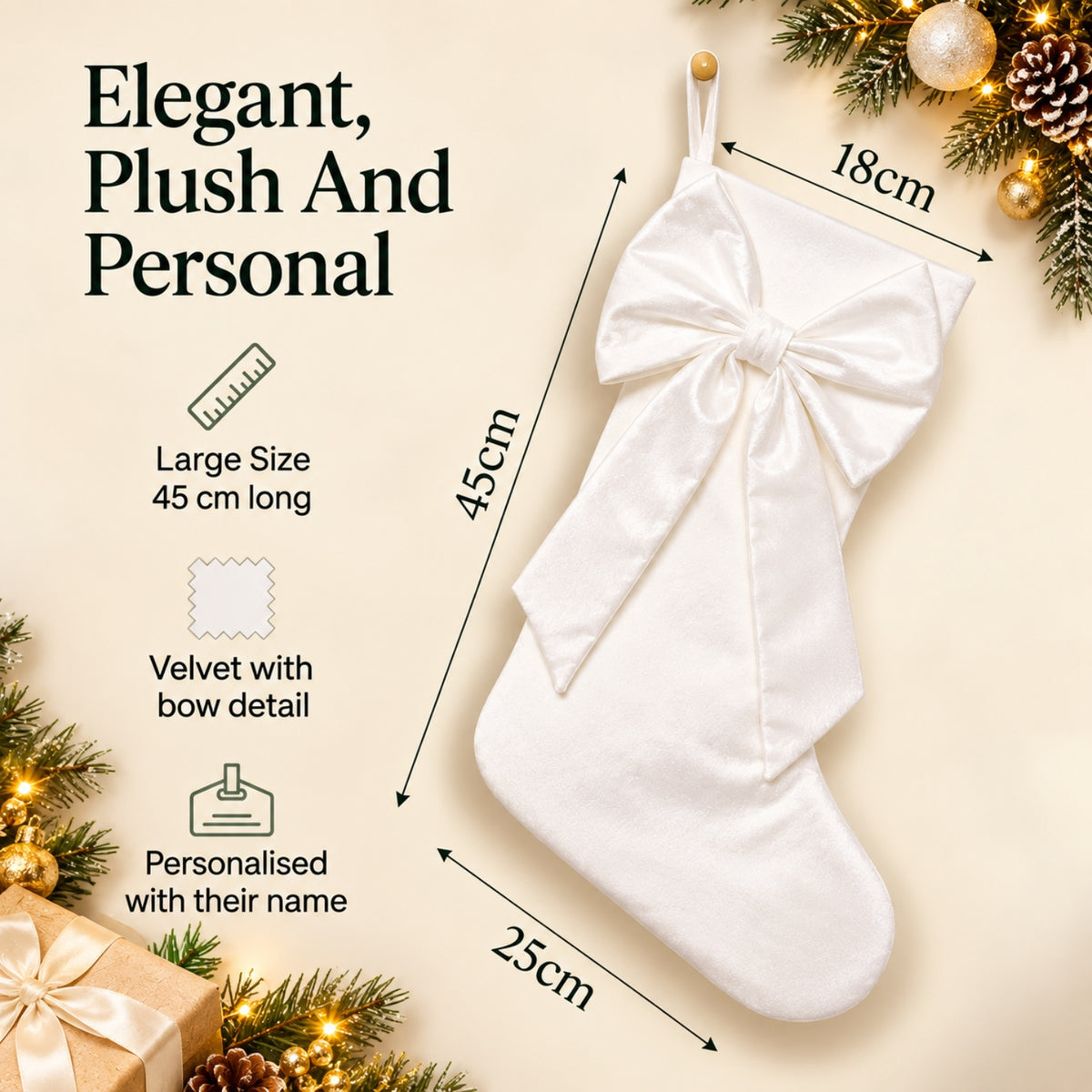 Little Teekie Personalised Velvet Christmas Stocking | Embroidered Name, Bow detail – White