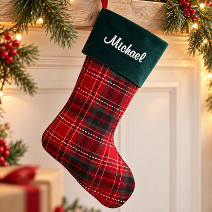 Little Teekie Personalised Checkered Christmas Stocking | Velvet Cuff & Name Embroidery, 36x24cm