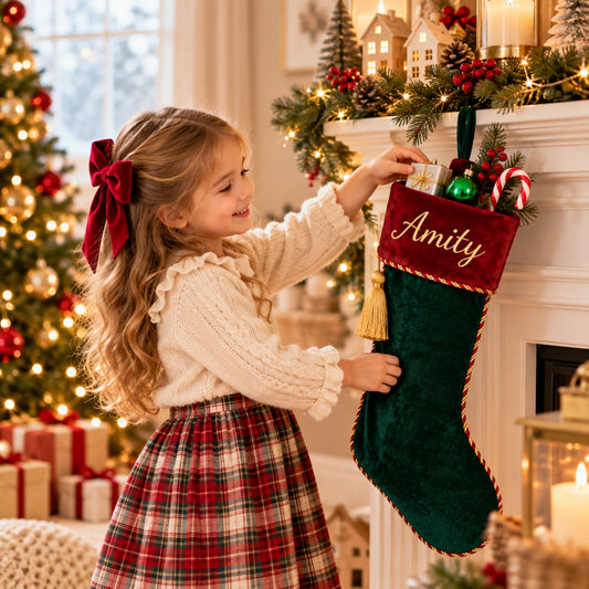 Little Teekie Personalised Velvet Christmas Stocking | Velvet Cuff & Name Embroidery – Green