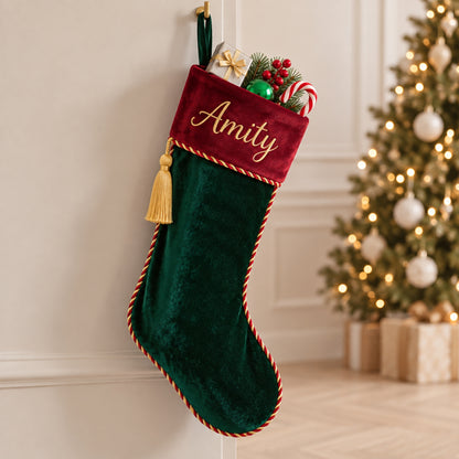 Little Teekie Personalised Velvet Christmas Stocking | Velvet Cuff & Name Embroidery – Green