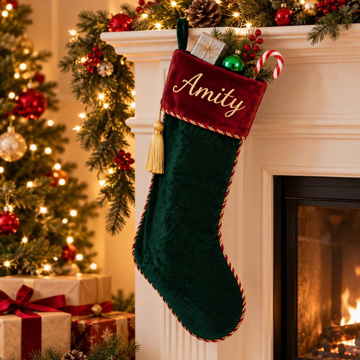 Little Teekie Personalised Velvet Christmas Stocking | Velvet Cuff & Name Embroidery – Green
