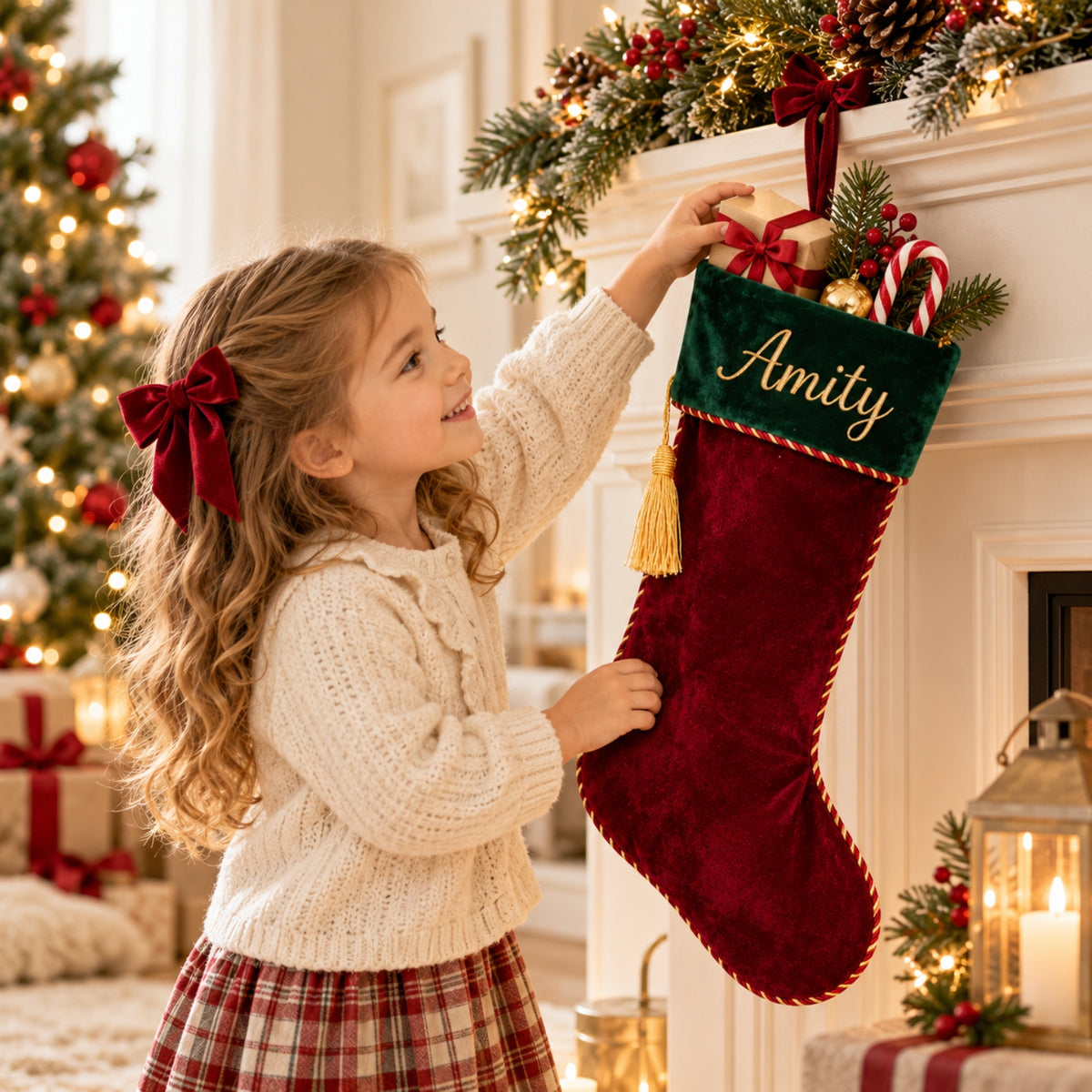 Little Teekie Personalised Velvet Christmas Stocking | Velvet Cuff & Name Embroidery – Red