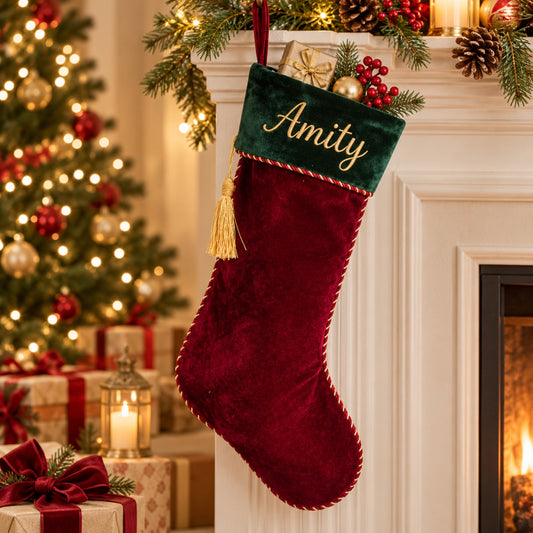 Little Teekie Personalised Velvet Christmas Stocking | Velvet Cuff & Name Embroidery – Red