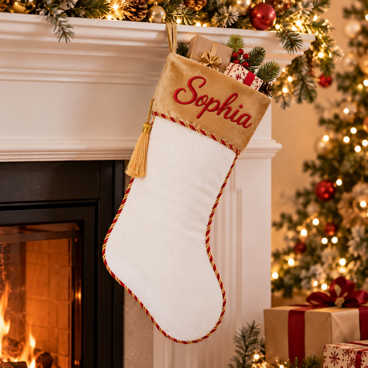 Little Teekie Personalised Velvet Christmas Stocking | Velvet Cuff & Name Embroidery – White
