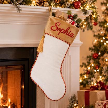 Little Teekie Personalised Velvet Christmas Stocking | Velvet Cuff & Name Embroidery – White