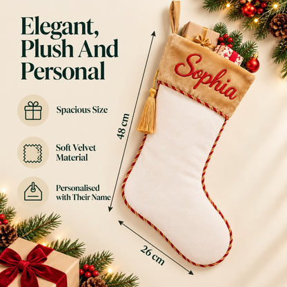 Little Teekie Personalised Velvet Christmas Stocking | Velvet Cuff & Name Embroidery – White