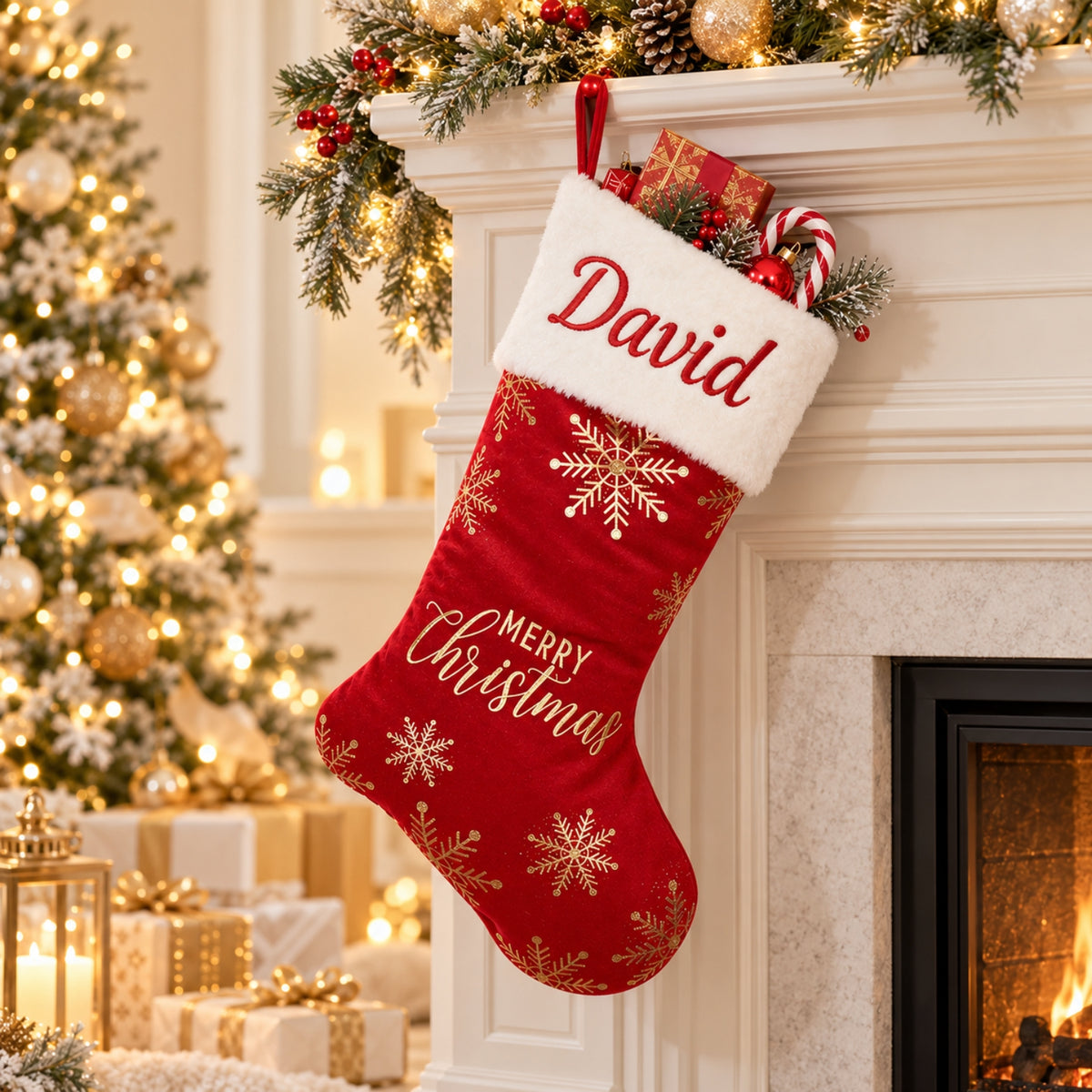 Little Teekie Personalised Christmas Stocking | Embroidered Name, Quilted Velvet with Faux Fur – Red