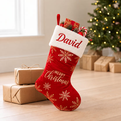 Little Teekie Personalised Christmas Stocking | Embroidered Name, Quilted Velvet with Faux Fur – Red