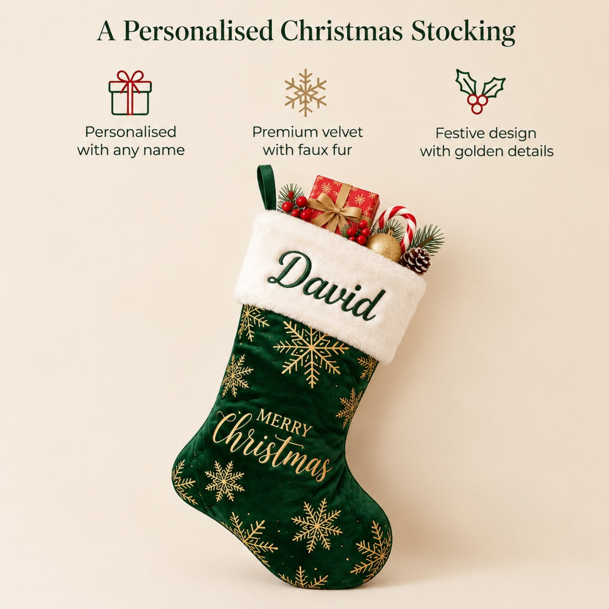 Little Teekie Personalised Christmas Stocking | Embroidered Name, Quilted Velvet with Faux Fur – Green