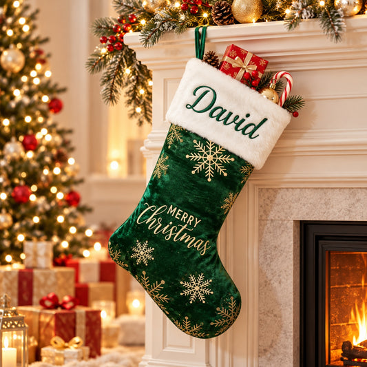 Little Teekie Personalised Christmas Stocking | Embroidered Name, Quilted Velvet with Faux Fur – Green