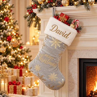 Little Teekie Personalised Christmas Stocking | Embroidered Name, Quilted Velvet with Faux Fur – Grey