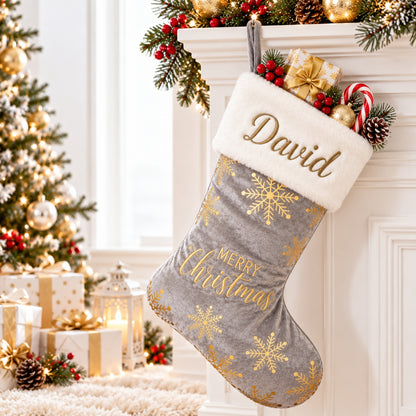 Little Teekie Personalised Christmas Stocking | Embroidered Name, Quilted Velvet with Faux Fur – Grey