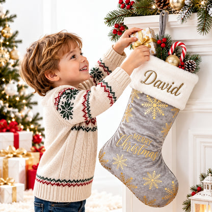 Little Teekie Personalised Christmas Stocking | Embroidered Name, Quilted Velvet with Faux Fur – Grey