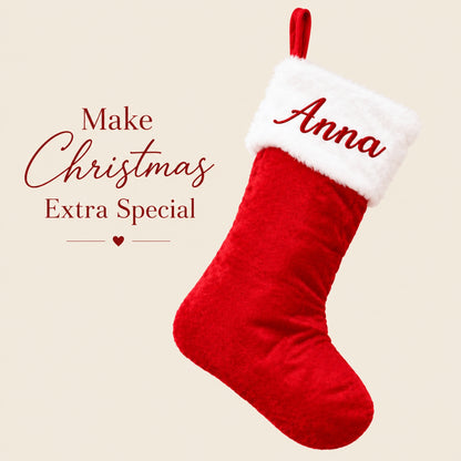 Little Teekie Personalised Velvet Christmas Stocking | Embroidered Name, 46x37cm – Red & White